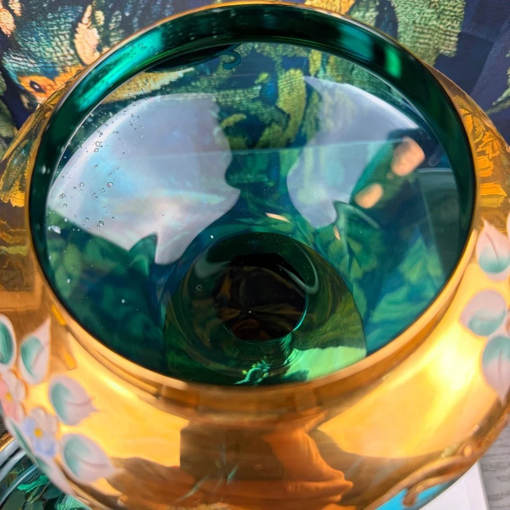 Vintage Venetian Murano Glass Compote Green Gold Hand Painted Floral‎ Candy Dish